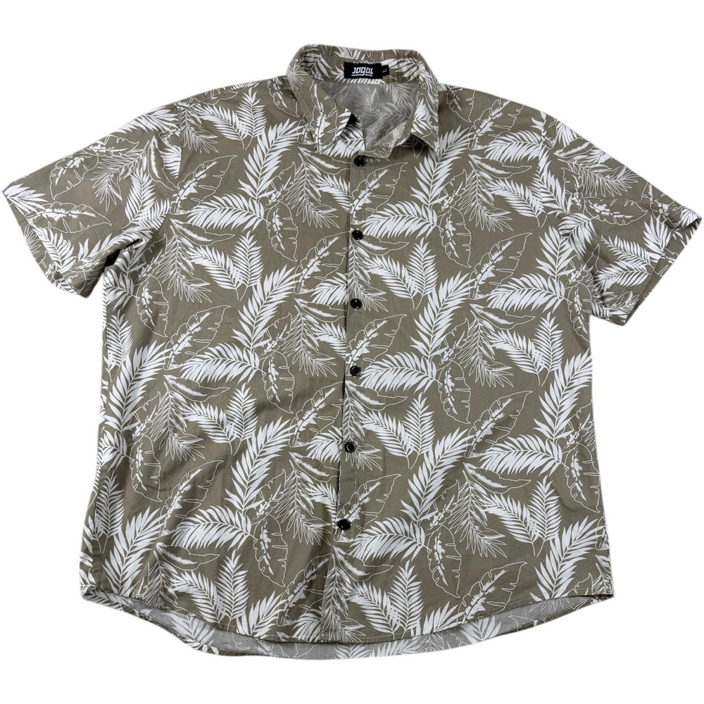 JOGAL Mens L Tropical Leaf Shirt Green White Short Sleeve Button Up 100% Cotton - Picture 2 of 15